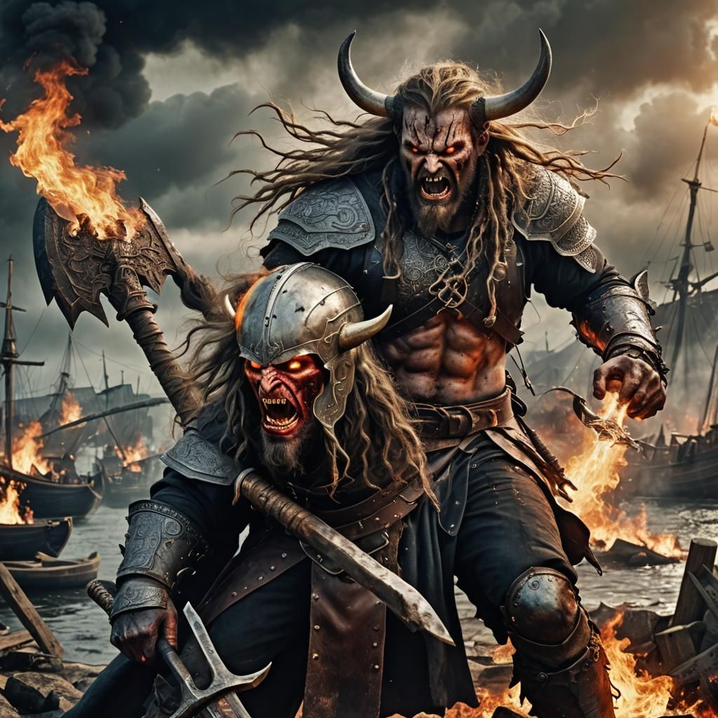 Futuristic Alien Vampire Viking Warrior Demon in Battle