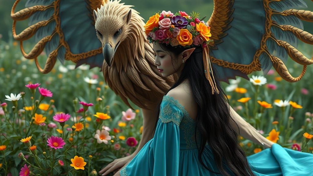 Elegant Elf Receives Floral Crown in Vibrant Fantasy Setting