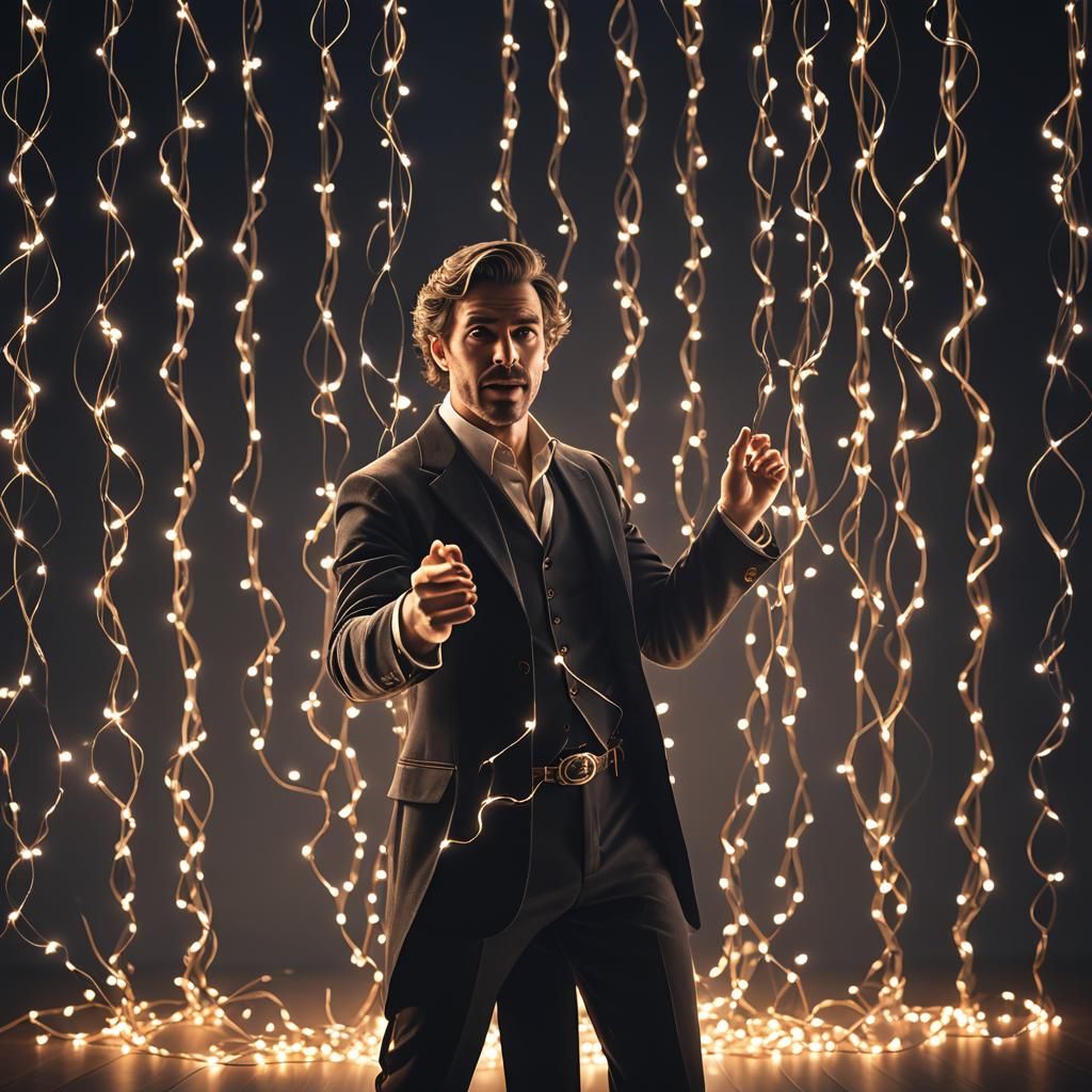 Man Bends Light on Stage in Dark Studio