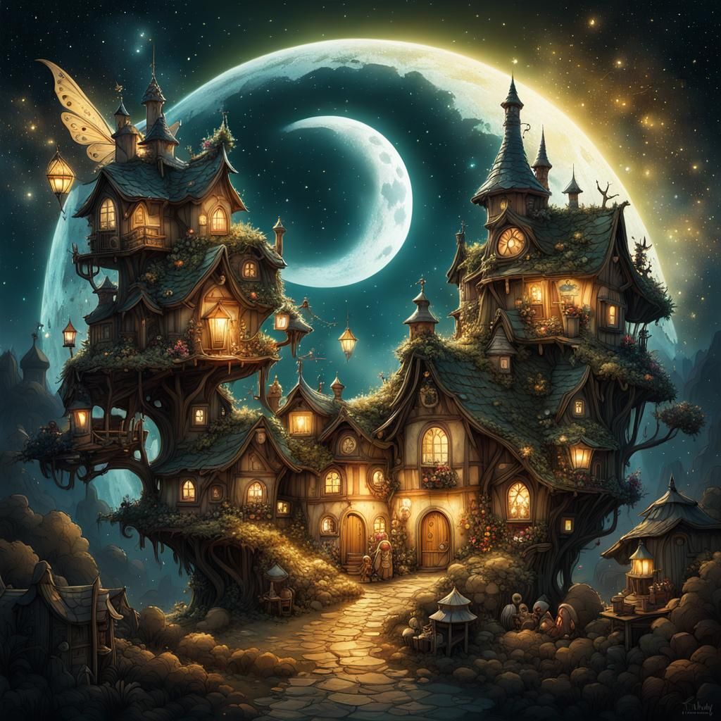 Whimsical Fairy Village Under Starry Night Sky