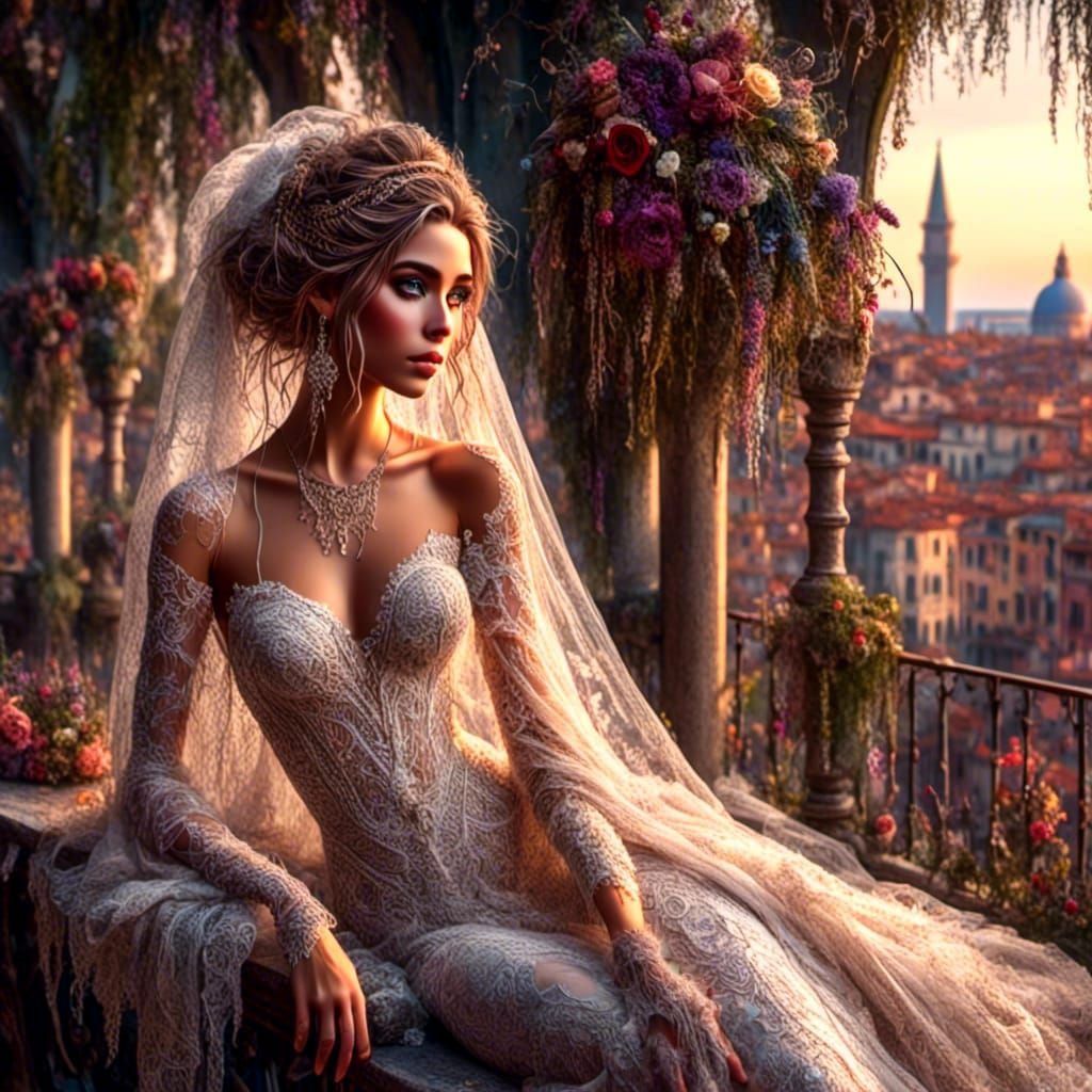 Boho Bride Overlooking Venice in Photorealistic Style