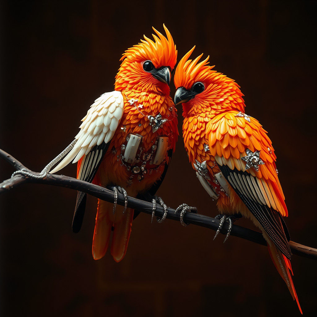 Jeweled Birds in Dystopian Cyberpunk Style