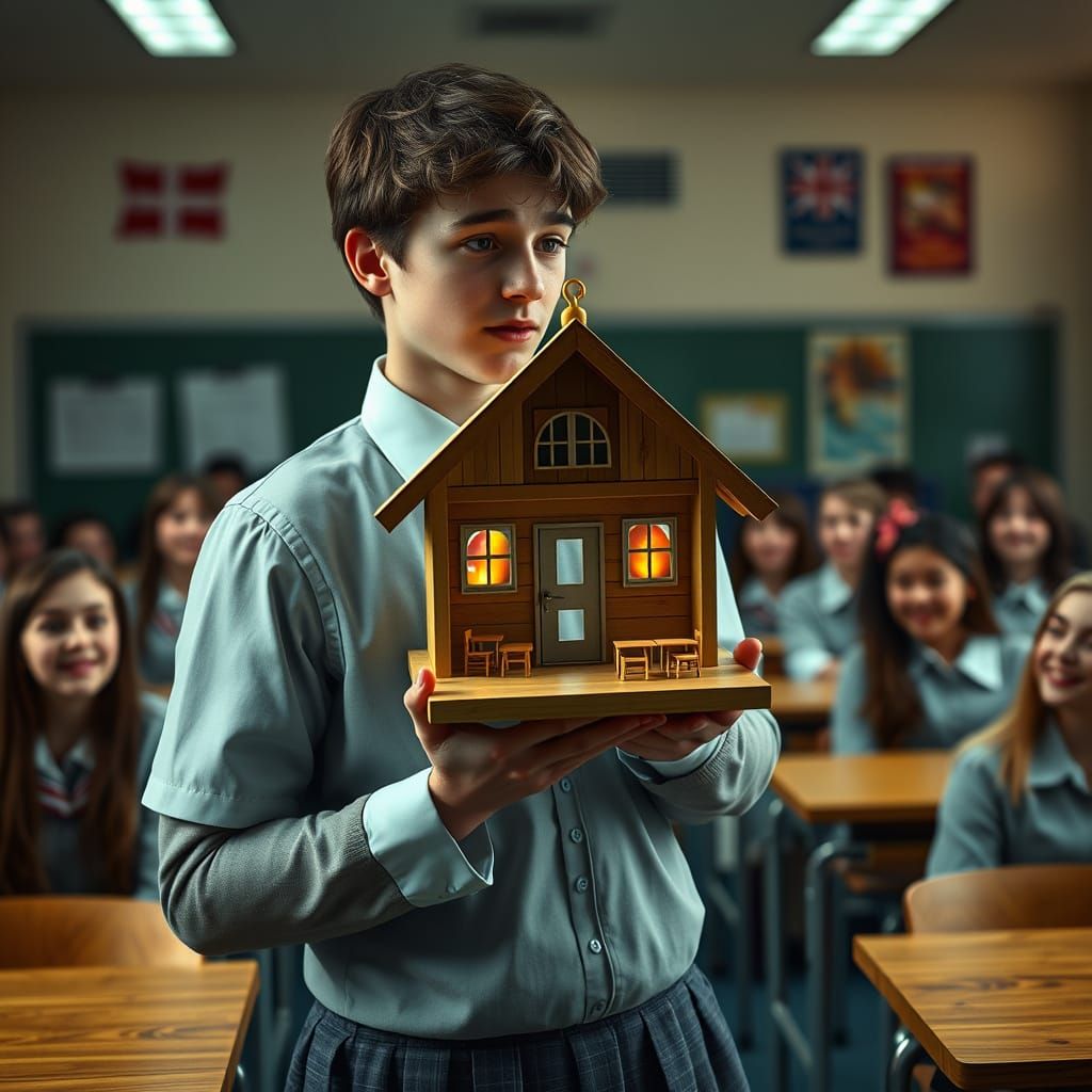Humorous Classroom Scene with Birdhouse, Cinematic Style
