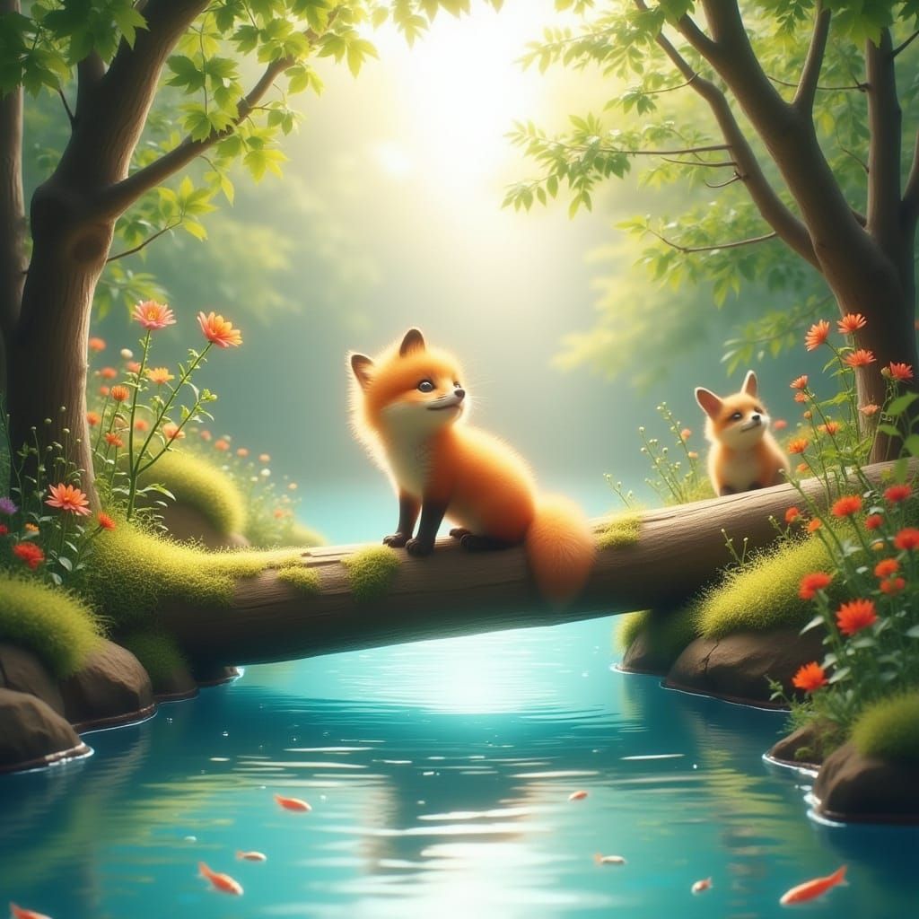 Cute Baby Fox on Log with Mother in Serene Forest