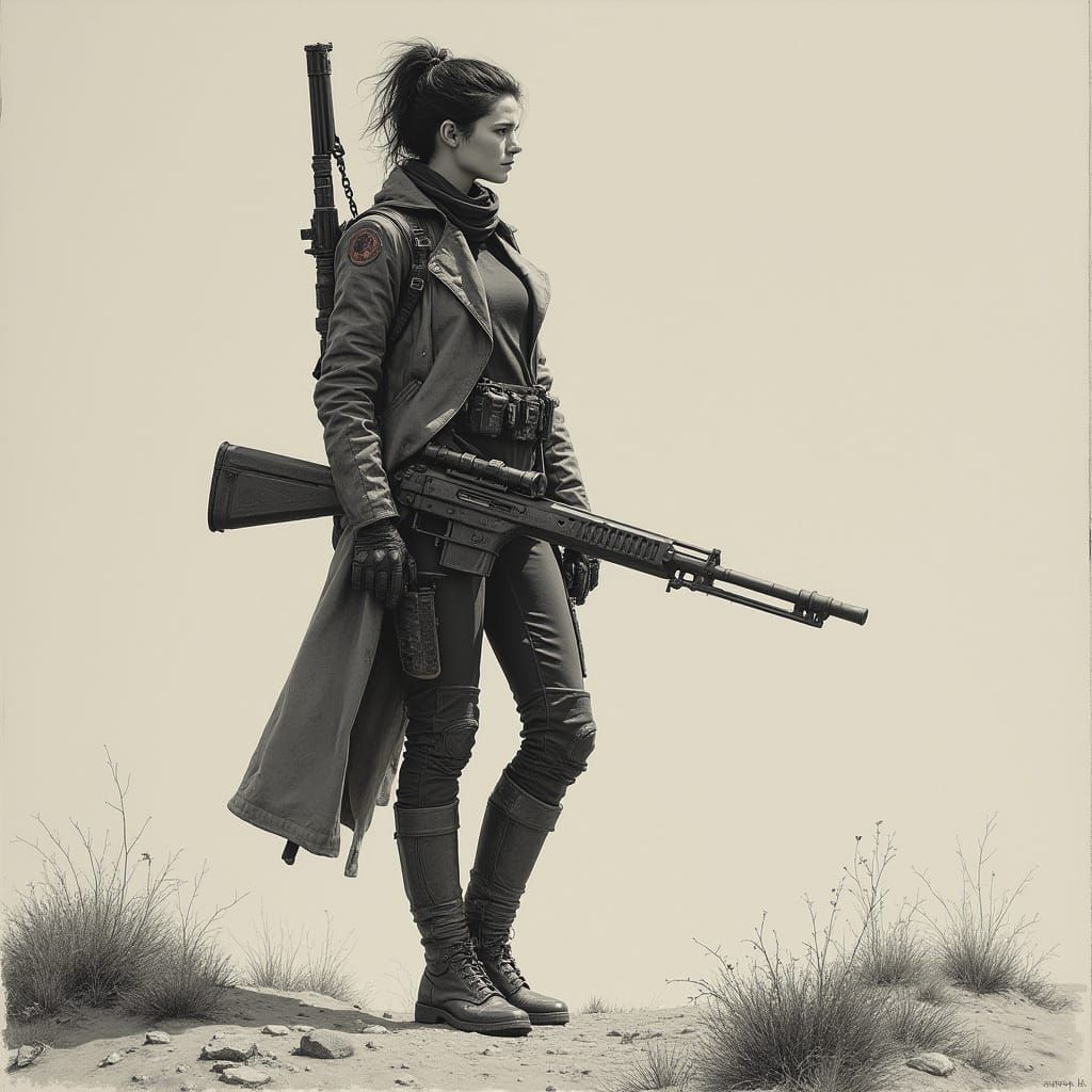 Astrid Berges-Frisbey as a galaxy ranger. Full body pose. She stands confidently on a distant planet, a futuristic rifle...