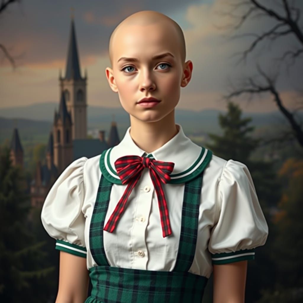Hyperrealistic Bald Woman in School Uniform