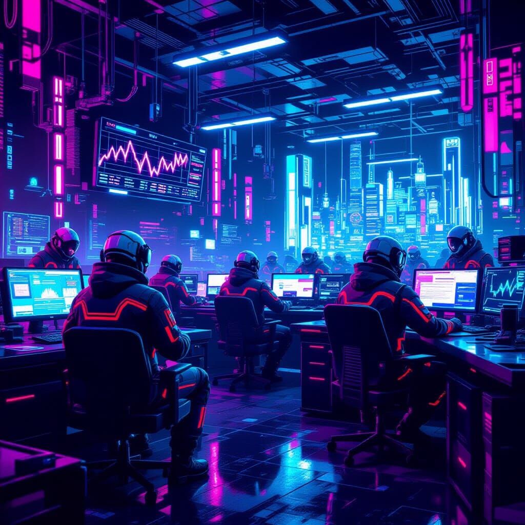 Futuristic Crypto Miners in Neon-Noir Cityscape