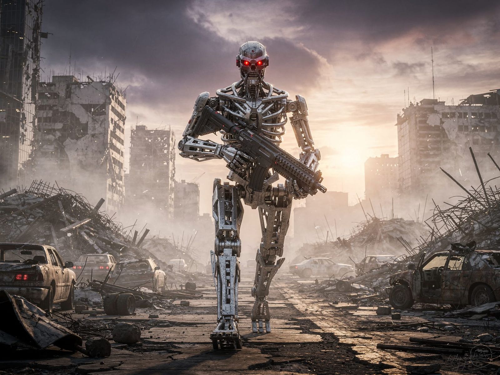 Terminator Robot in Dystopian Urban Landscape