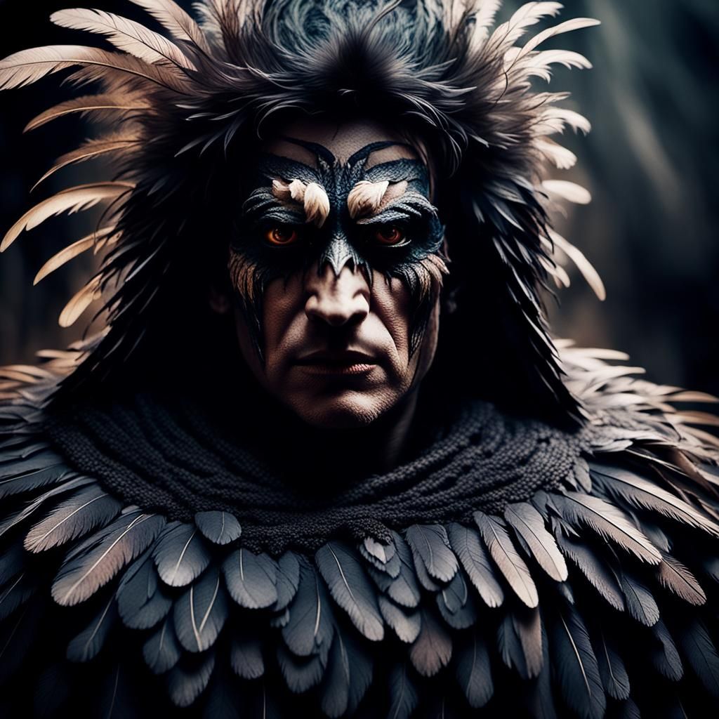 Feathered Figure in Cinematic Film Still