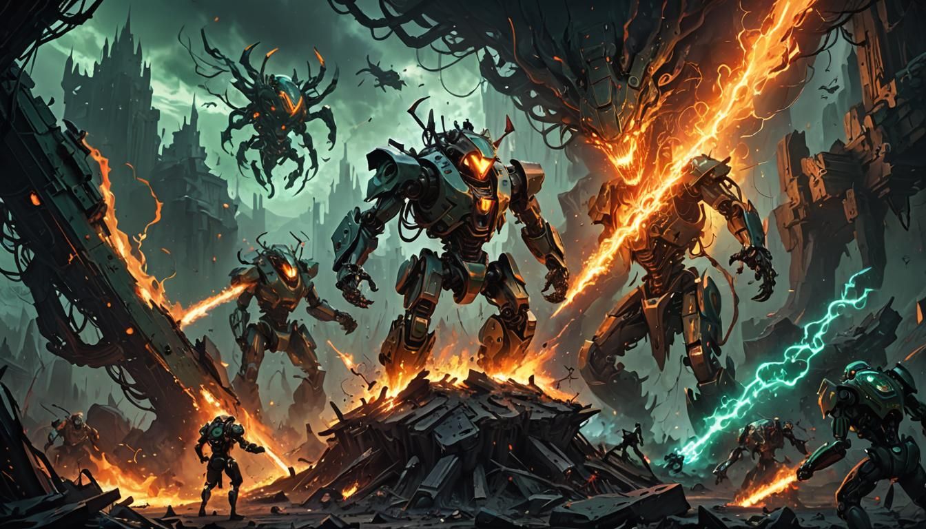Gothic Robots Engage Cosmic Beasts in Dark, Surreal Combat