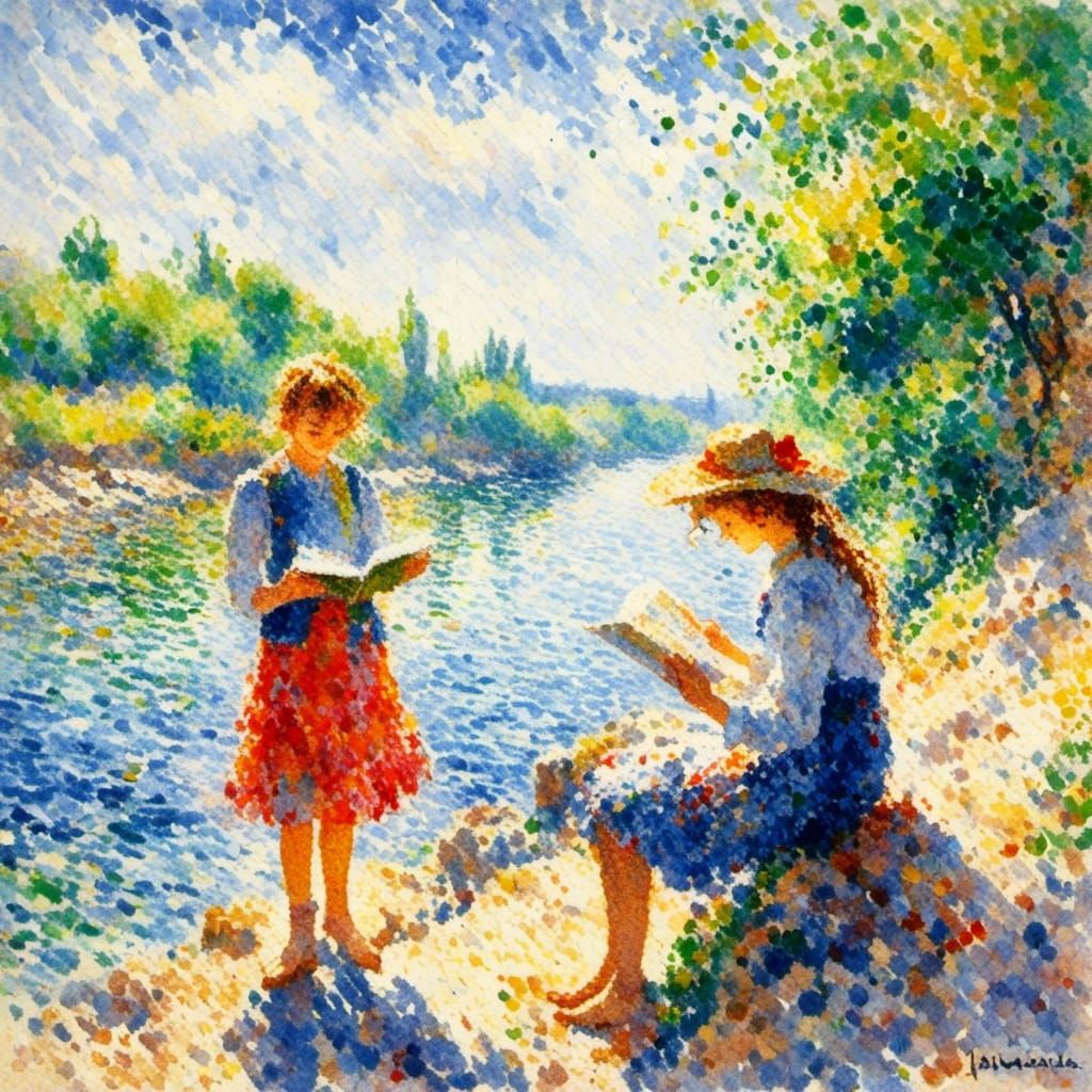 Girl Reading by River in Impressionistic Watercolor