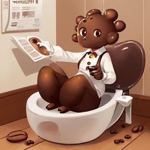 Anthropomorphic Coffee Bean on Toilet Reading Newspaper