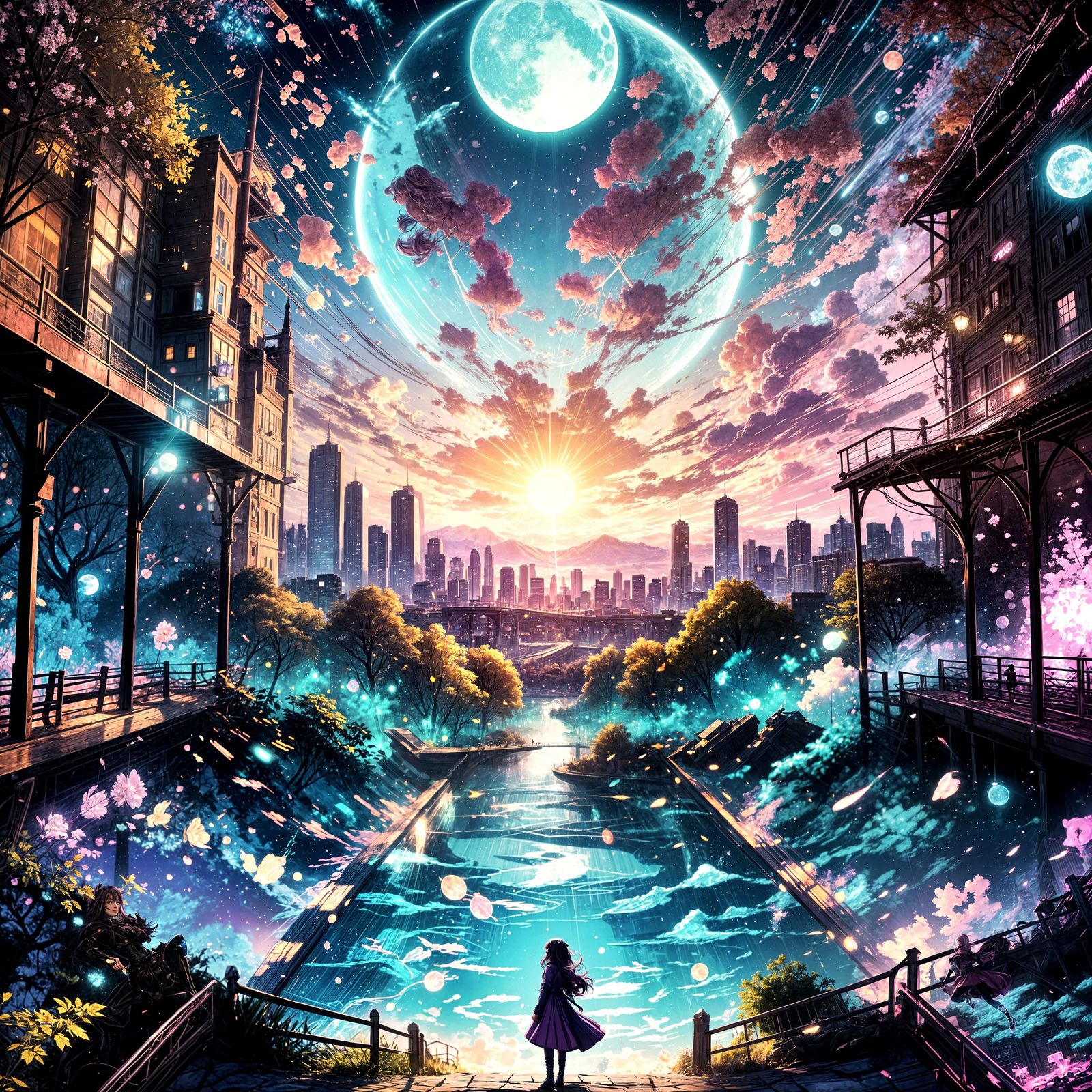 Epic Anime Cityscape Under Glowing Moonlight