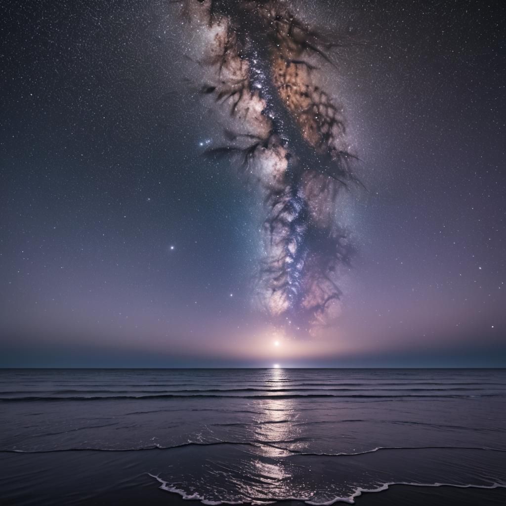 Dreamy Starry Night Over Ocean with Silver Moonlight