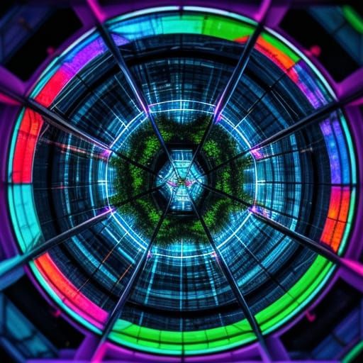 Cyberpunk Tree in Glass Cupola with Neon Cityscape