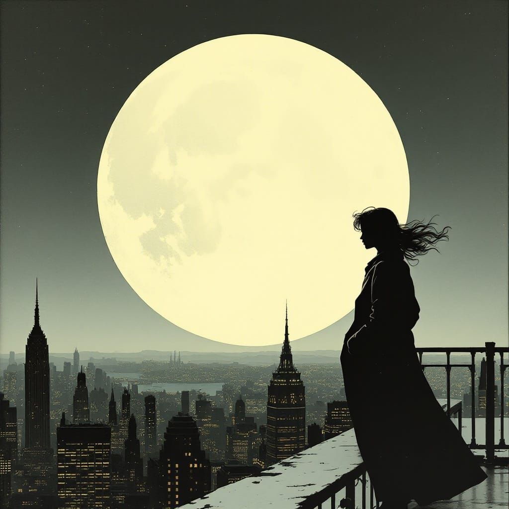 Woman Contemplates Under Full Moonlit Cityscape