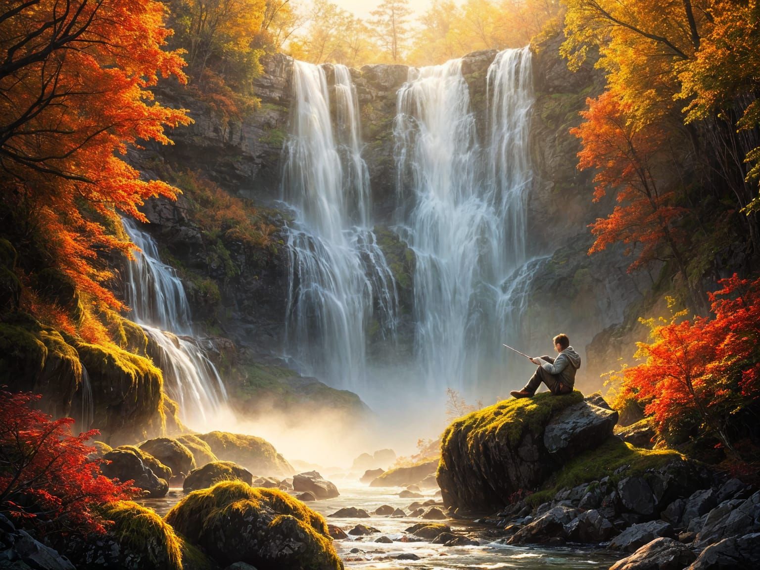 Majestic Autumn Waterfall Scene Digital Painting
