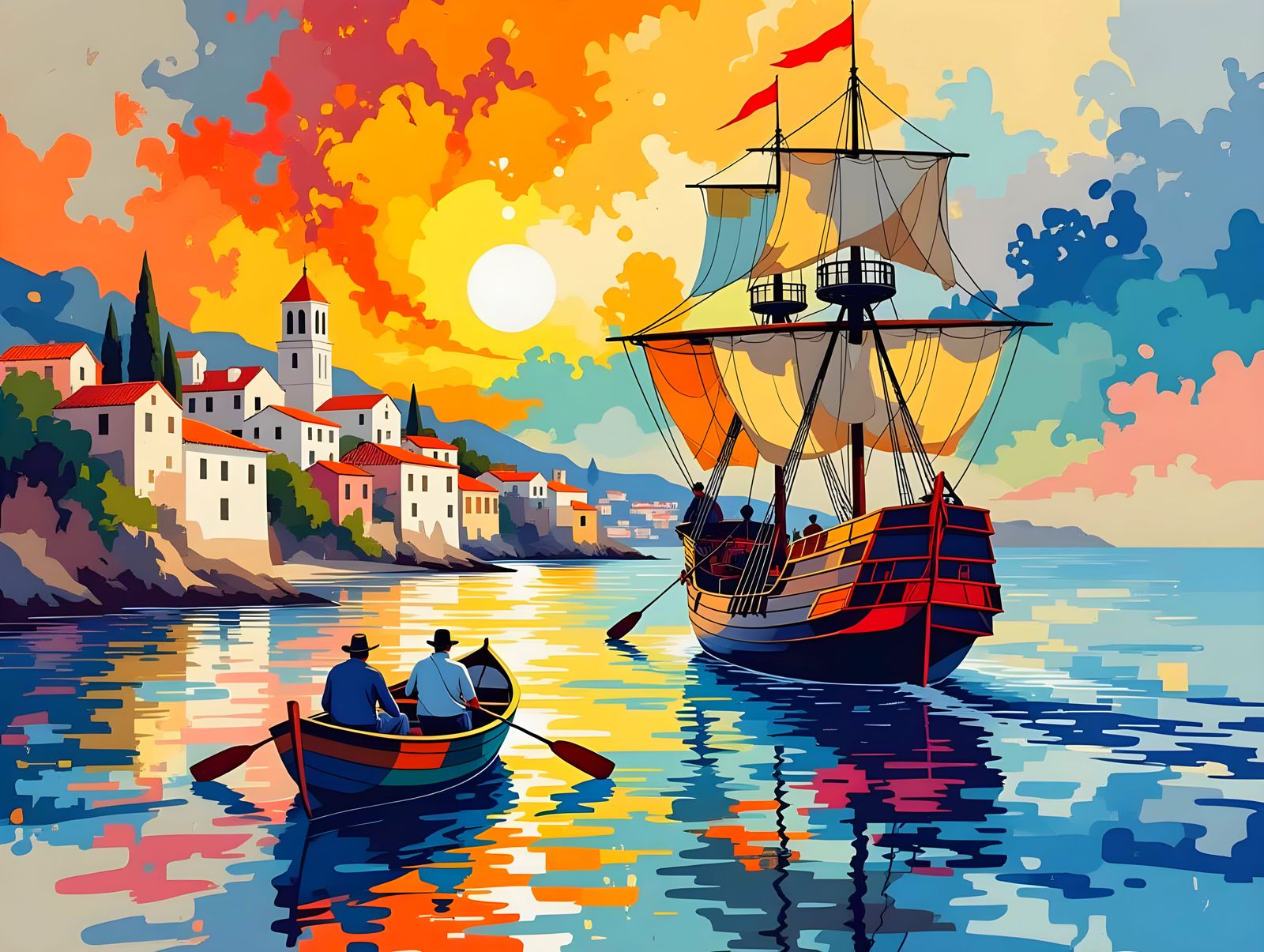 Expressionist Seaside Village with Spanish Galleon