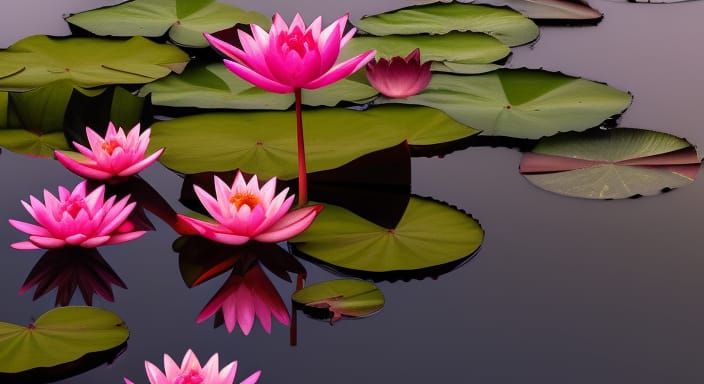 Pink Lotus Flowers in Misty Indian Lily Pond