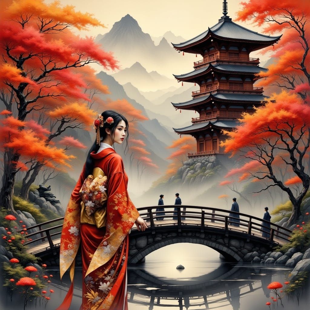 Japanese Woman in Kimono, Inspired by Traditional Art