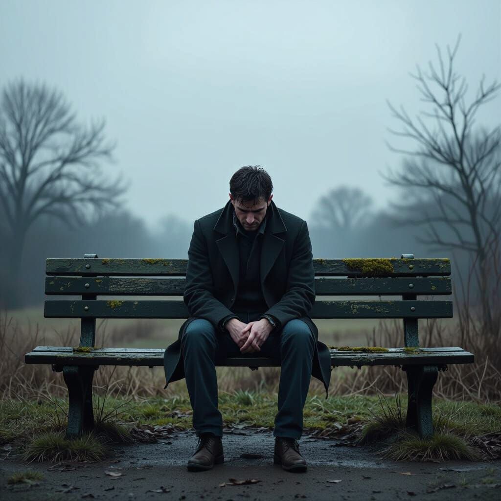 Man's Despair on Mossy Bench in Dark Romantic Style