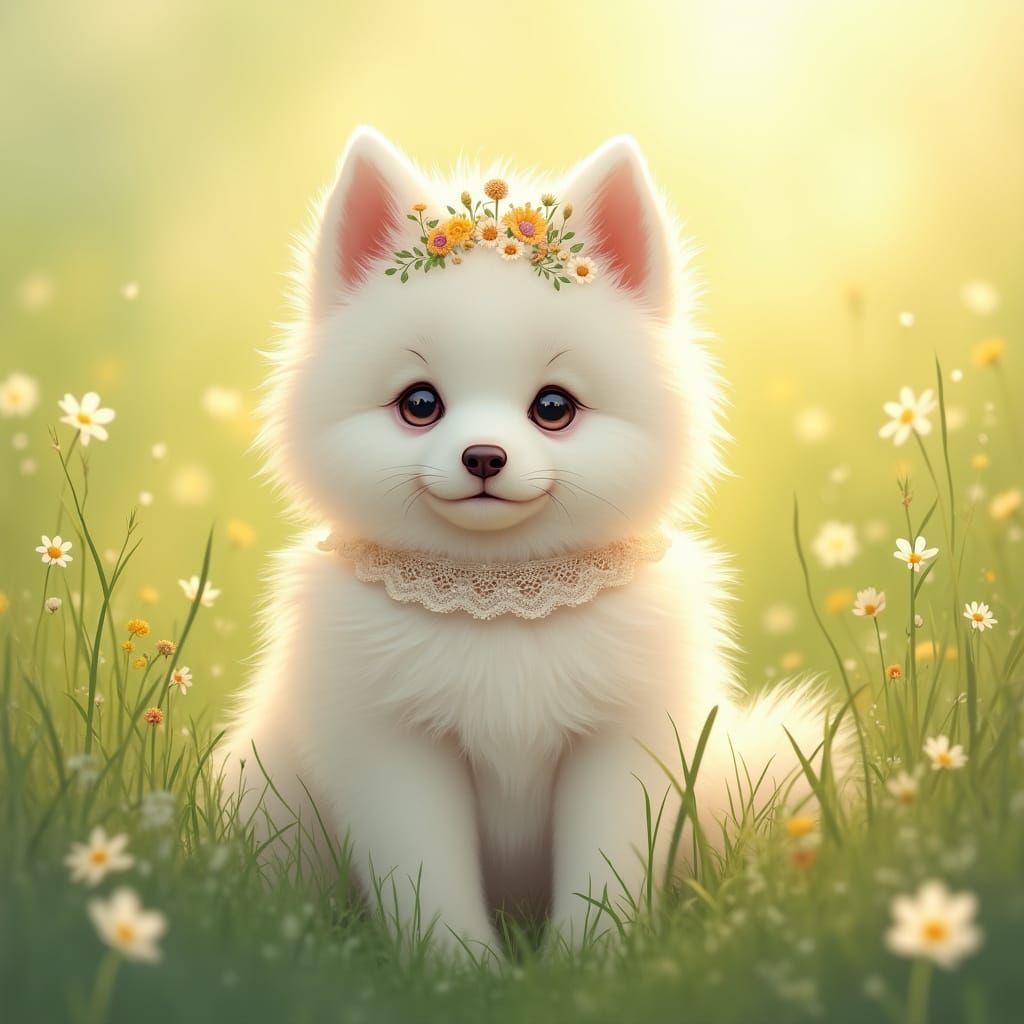 Samoyed Puppy with Flower Crown in Beatrix Potter Style