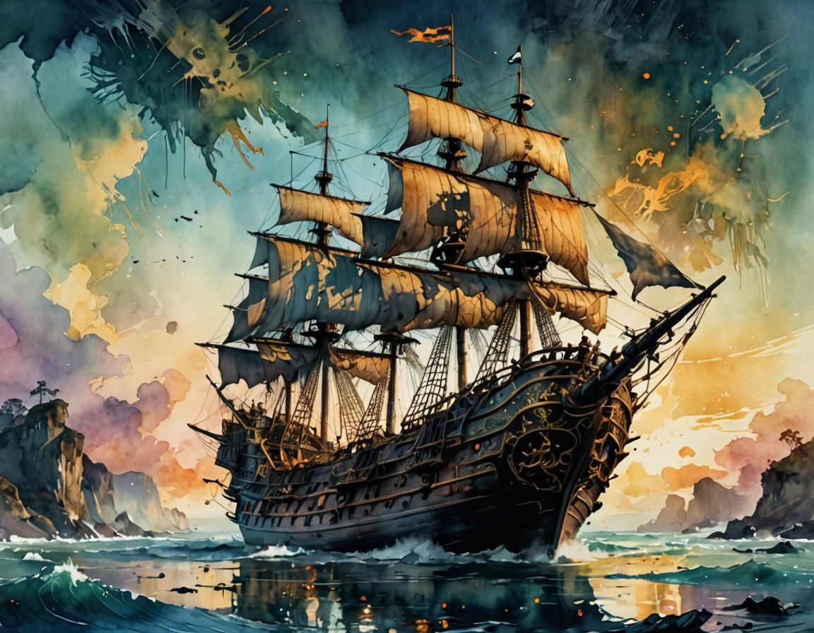 Haunted Pirate Ship in Digital Watercolor Style