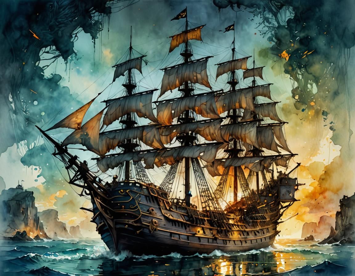 Haunted Pirate Ship in Digital Watercolour Style