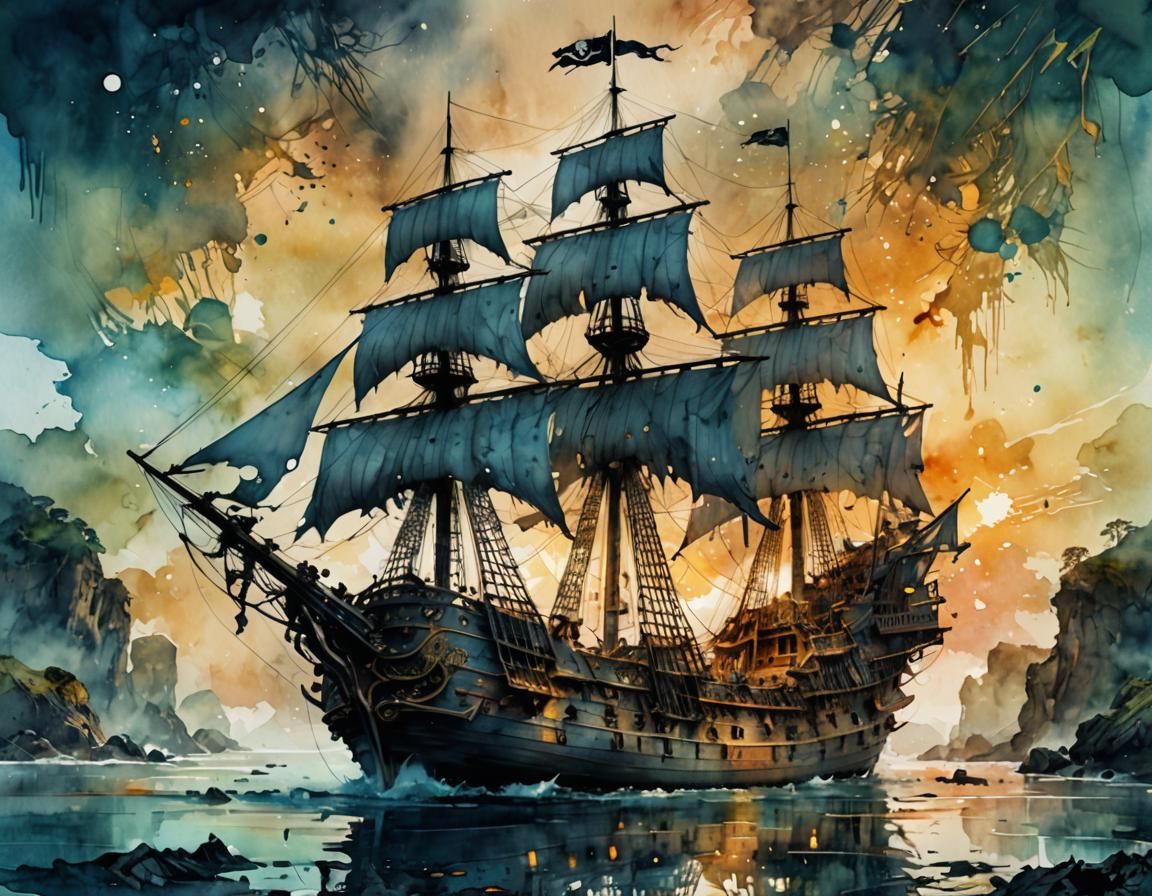 Haunted Pirate Ship in Digital Watercolour Style
