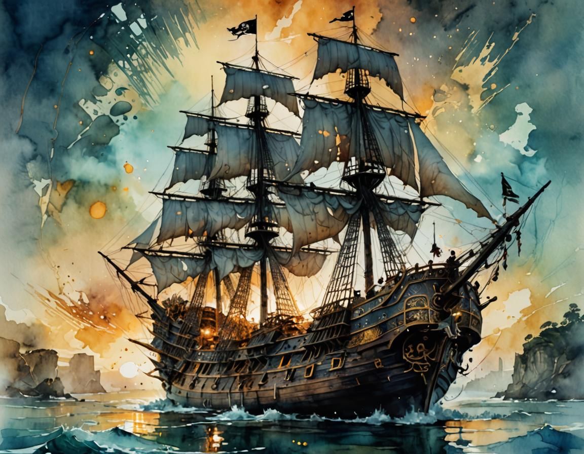 Haunted Pirate Ship in Digital Watercolour Style