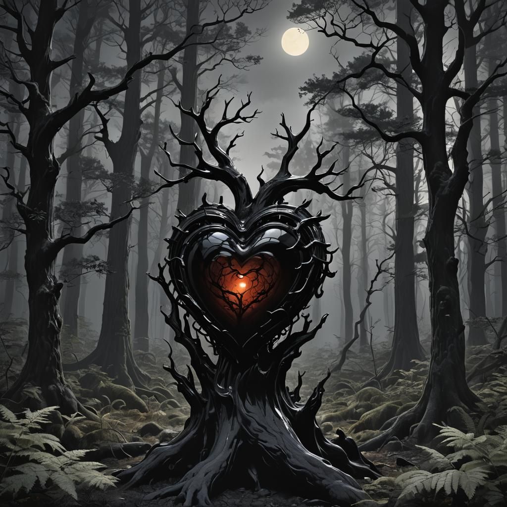 Obsidian Heart in Night Forest: 3D Anime Art