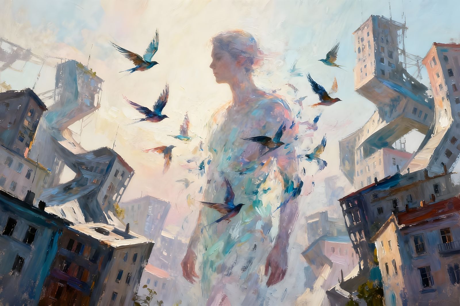 Oil Painting of Figure Dissolving into Birds in Dreamlike Ci...