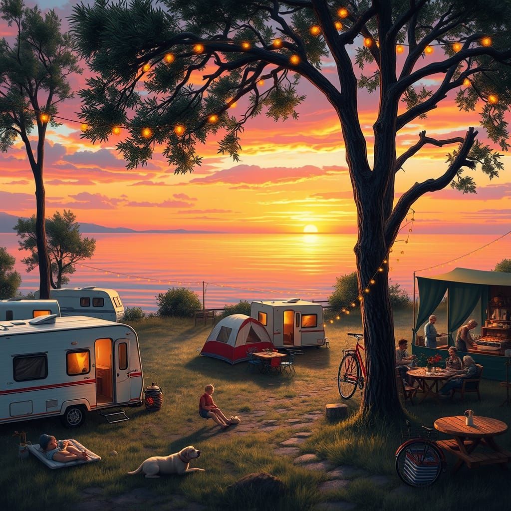 Seaside Campground at Sunset in Impressionistic Style