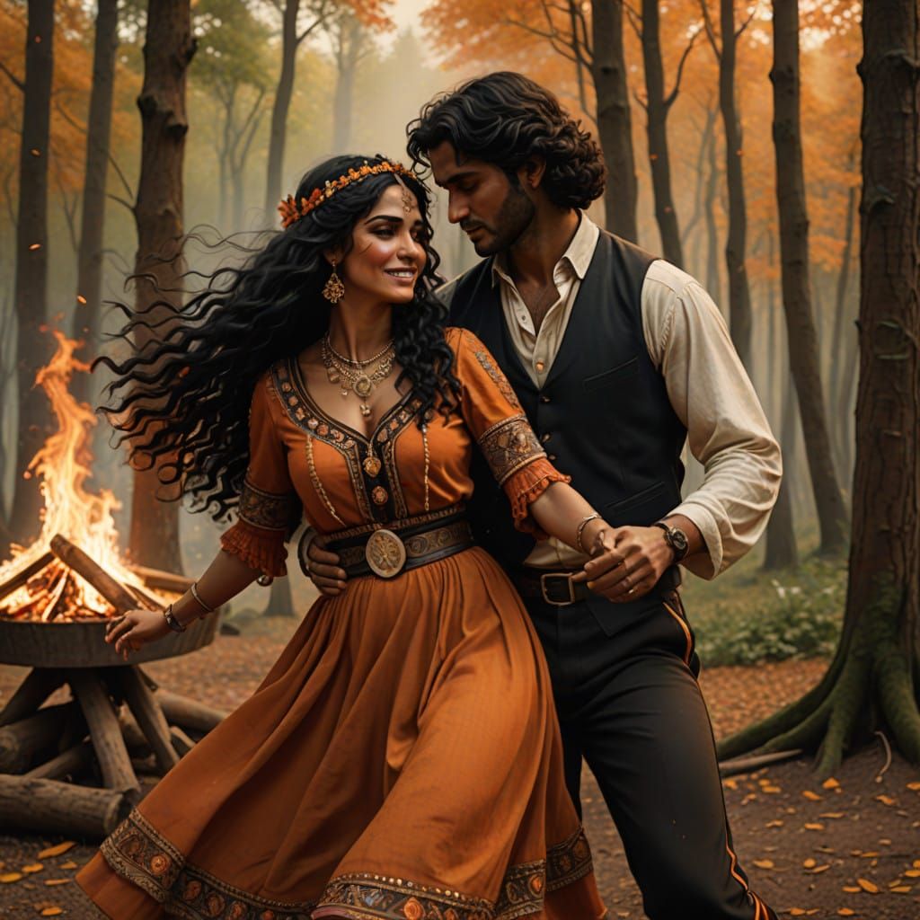 A Gypsy Couple Dances Under Starry Forest Skies, Traditional...