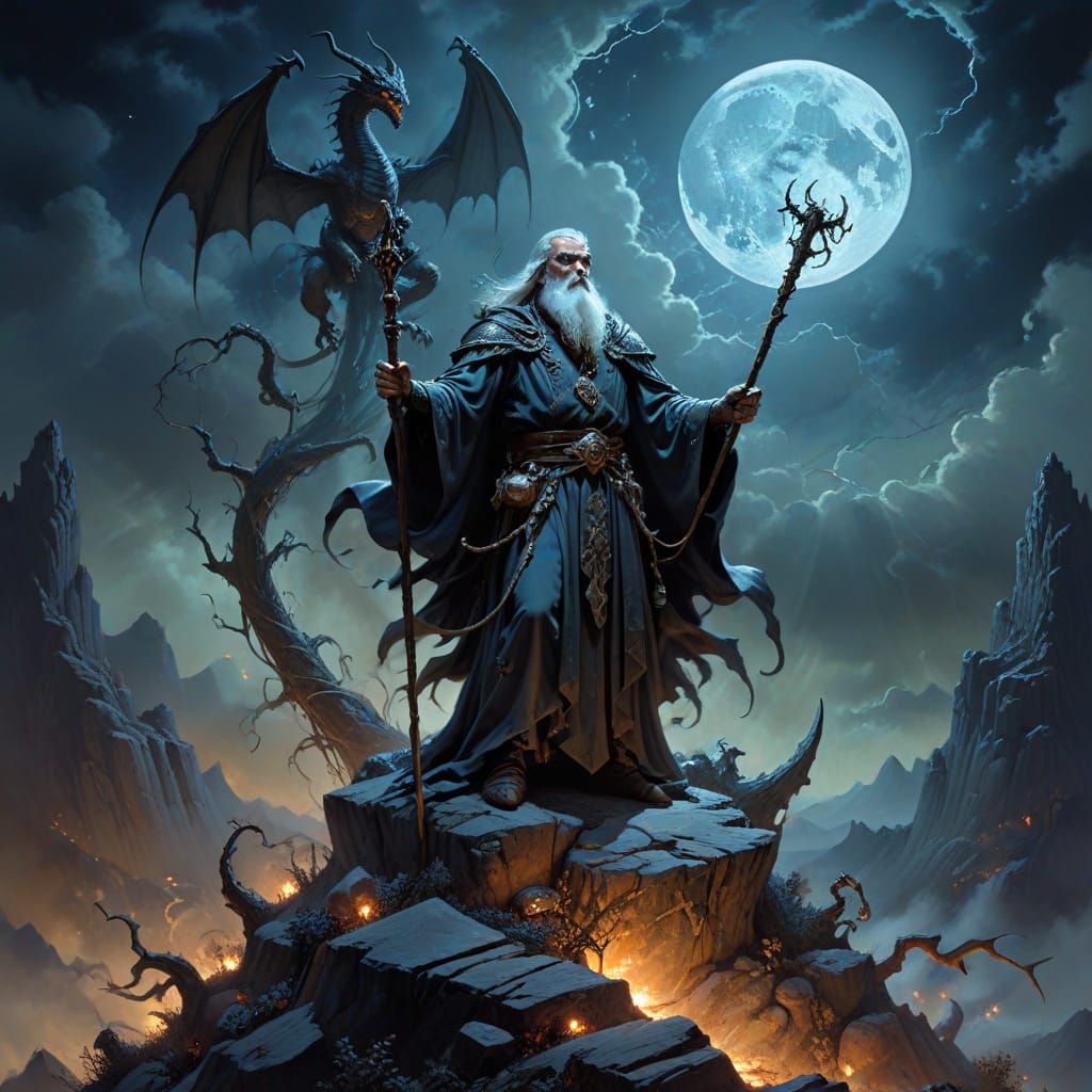 Wise Wizard on Moonlit Peak with Dragons and Glowing Webs