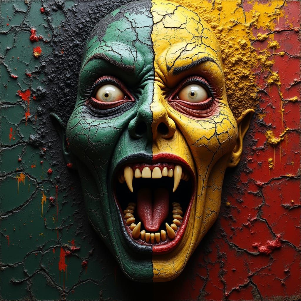 Grotesque Demon Face in Mixed-Media Mosaic