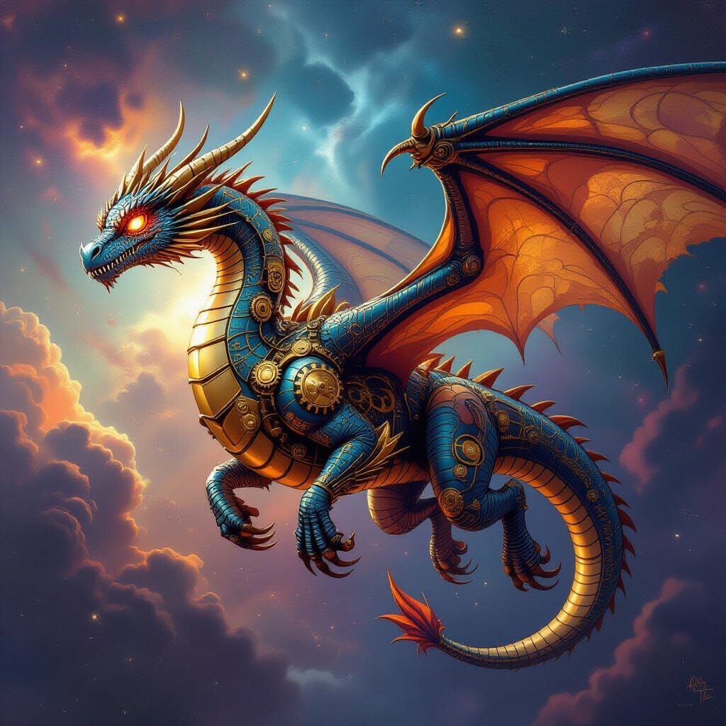 Steampunk Dragon Soaring Through Nebula in Matte Painting St...
