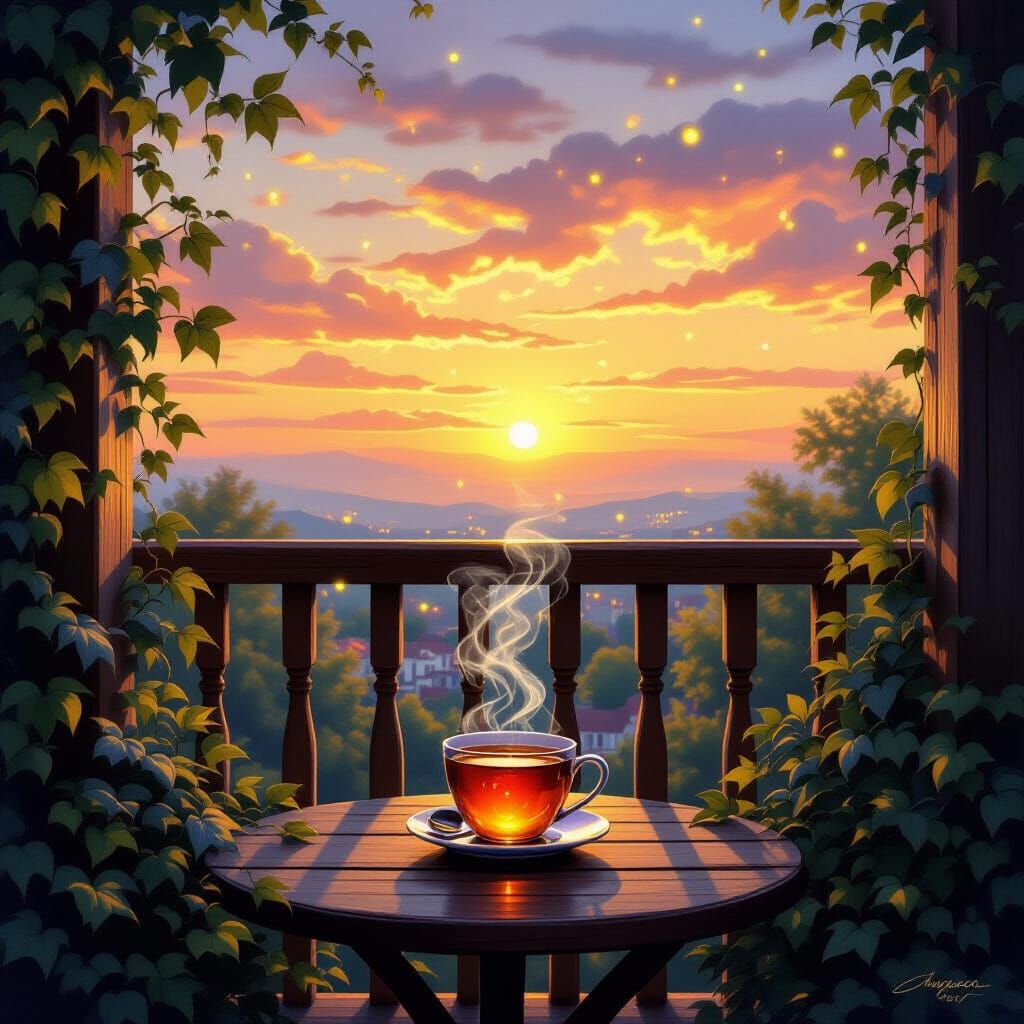 Balcony Garden at Sunset with Steaming Tea and Fireflies