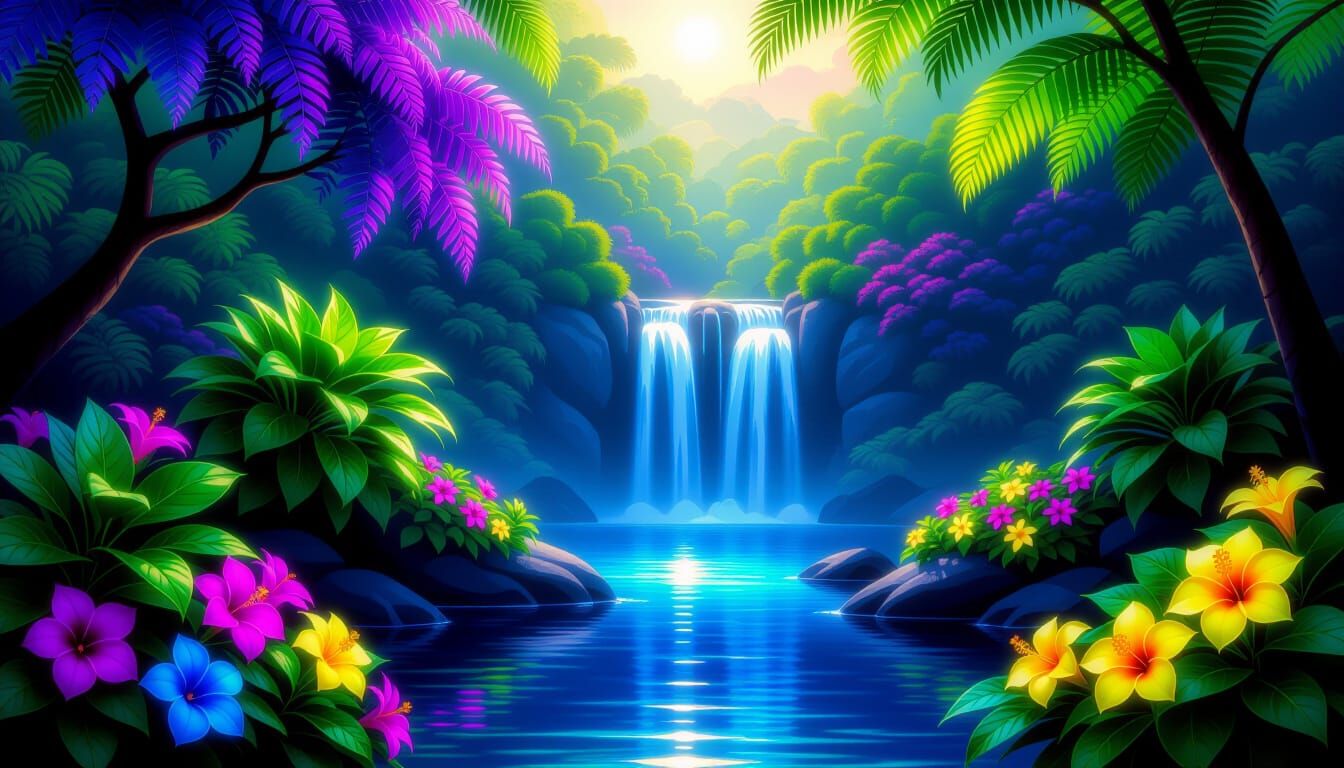 Bioluminescent Exotic Garden Inspired by Thomas Kinkade
