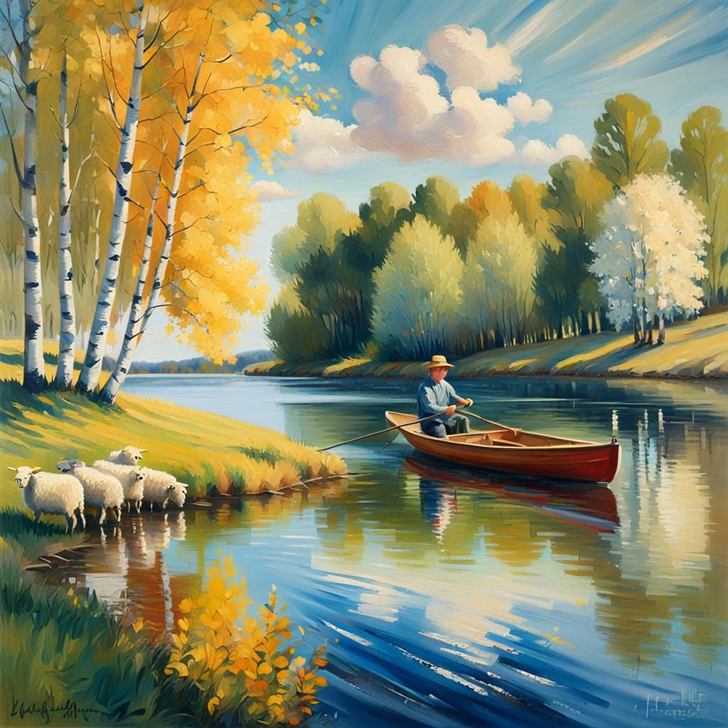 Boy Fishing on Lake in Swedish Farm Landscape
