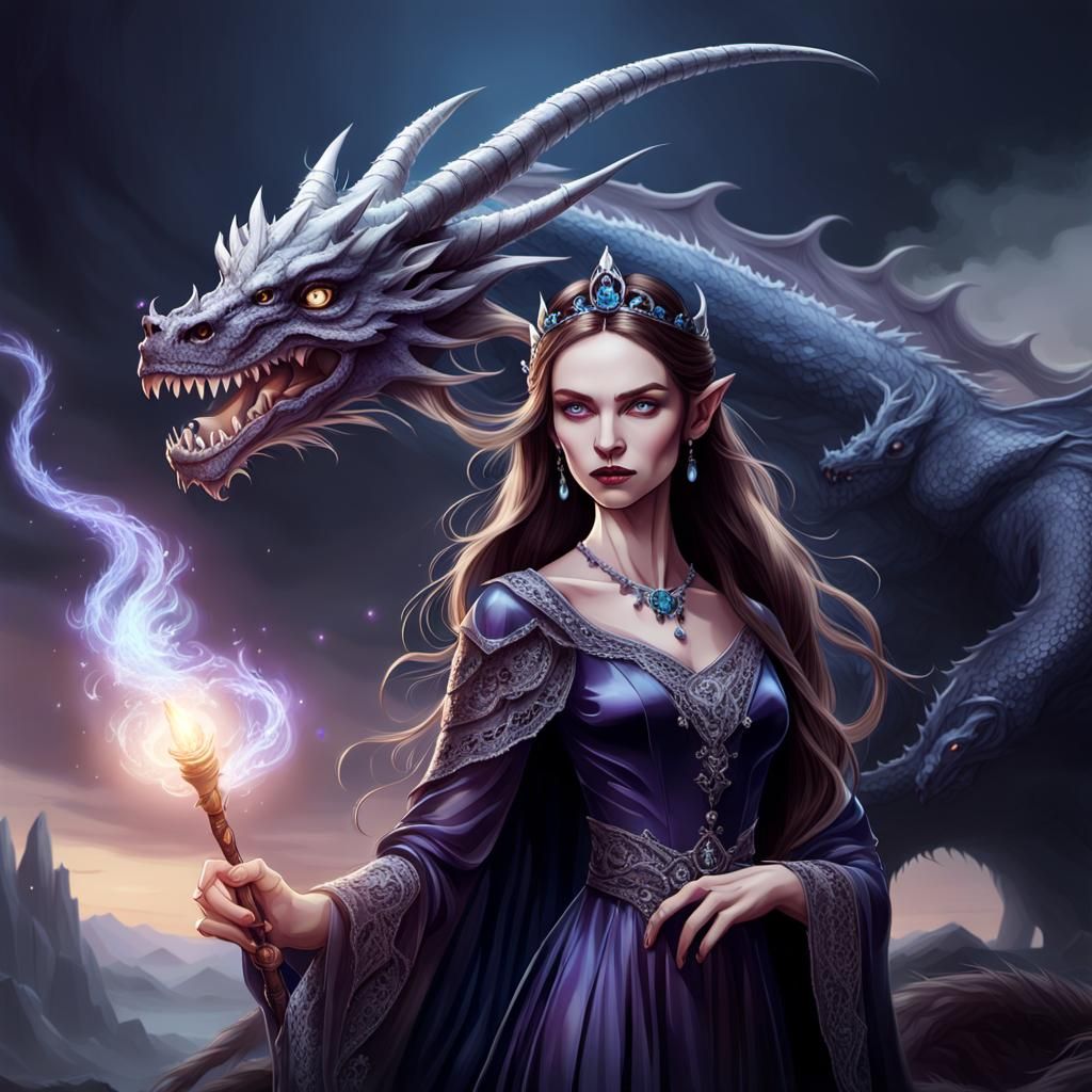 Pale Witch Casting Spell with Dragon, Dark Fantasy Art