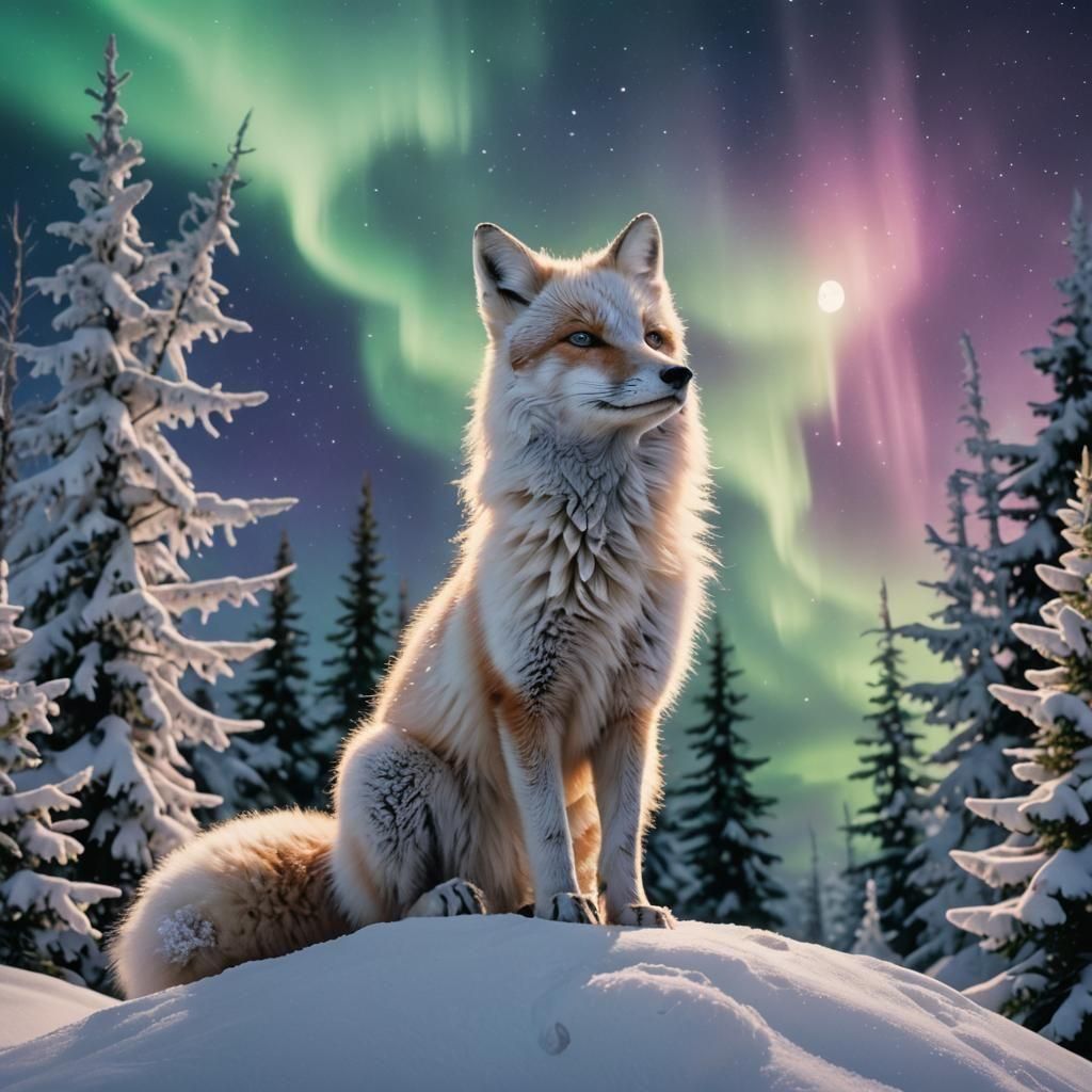 Snow Fox Under Northern Lights in Matte Painting Style