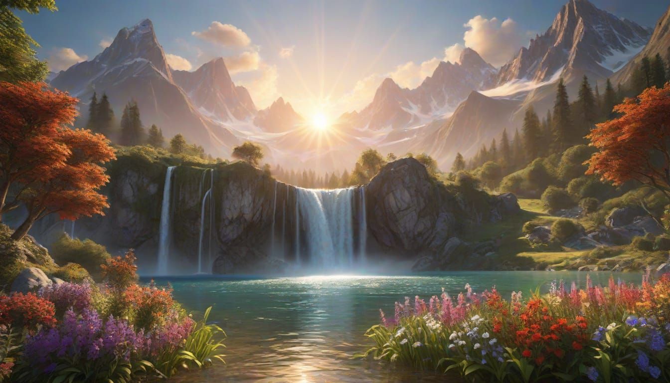 A majestic waterfall cascading into a crystal-clear lake