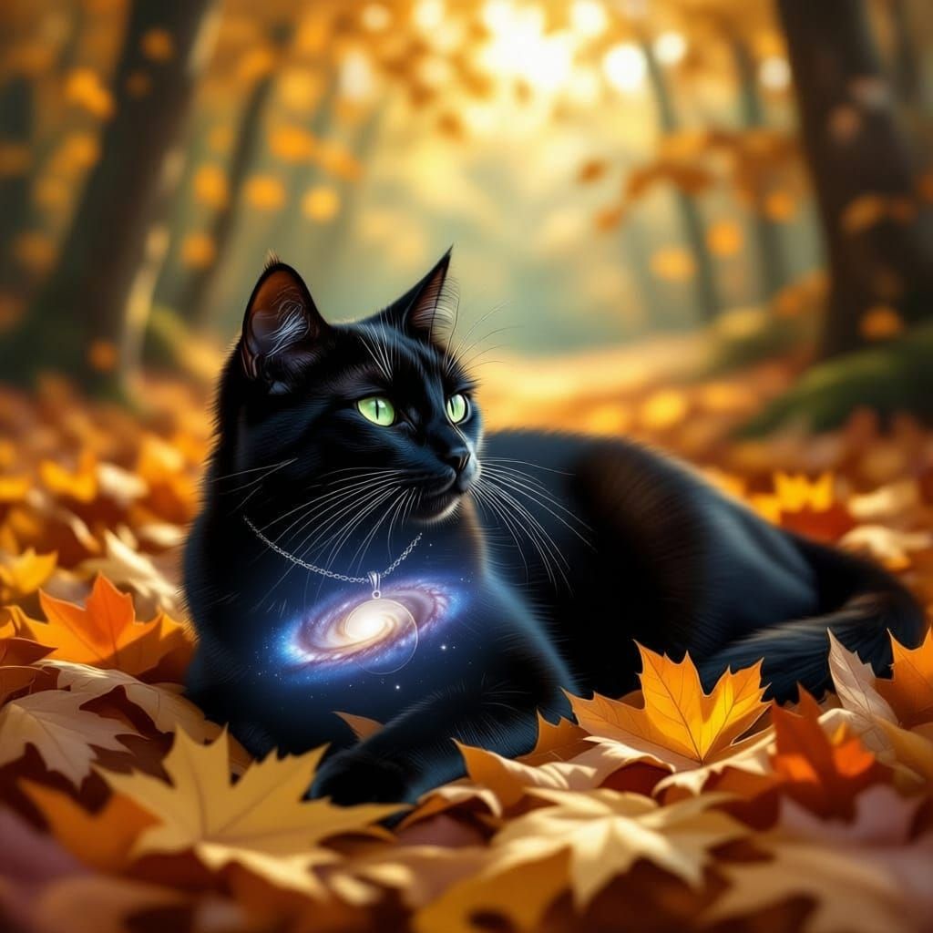 Black Cat with Earth Pendant in Autumn Forest