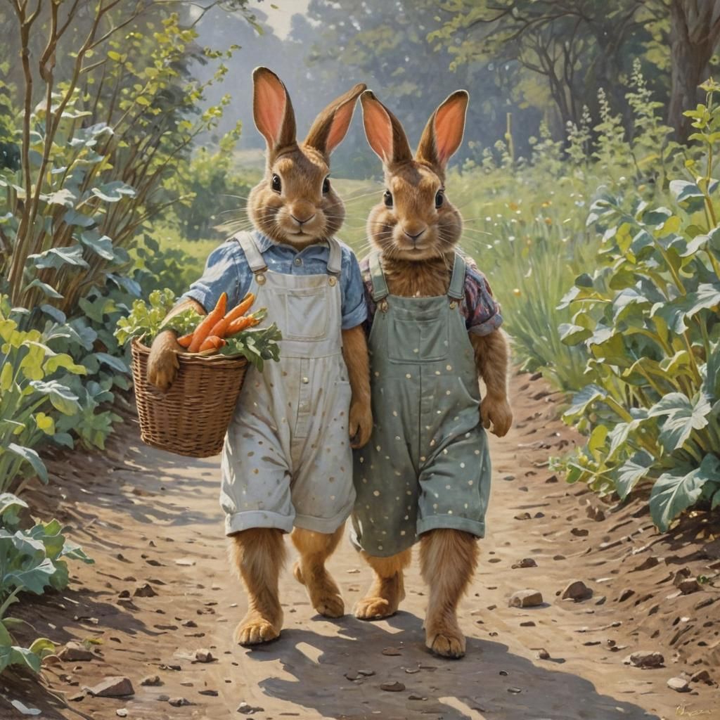 Rabbits with Carrots in Classic Painting Style