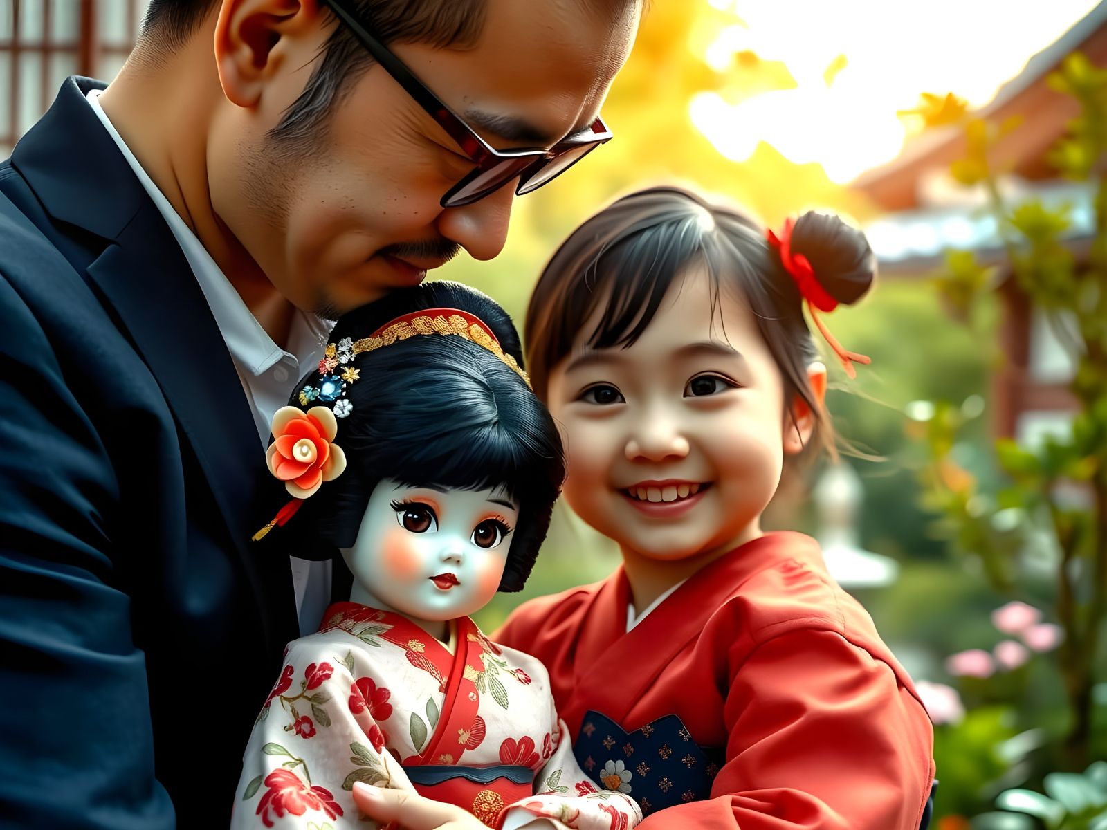 Father Presents Kintsugi Doll in Japanese Garden