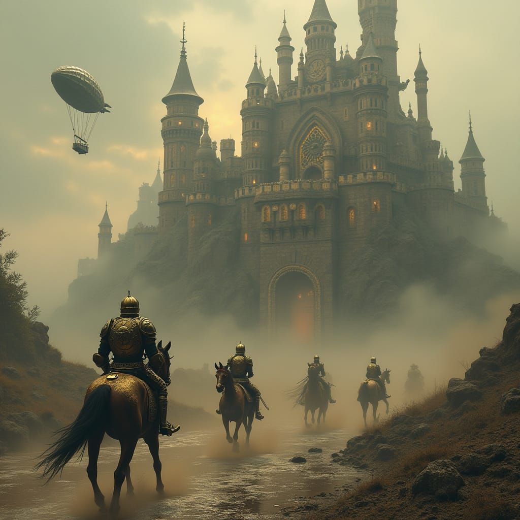 Steampunk Castle on Muddy Hill with Retro Cars