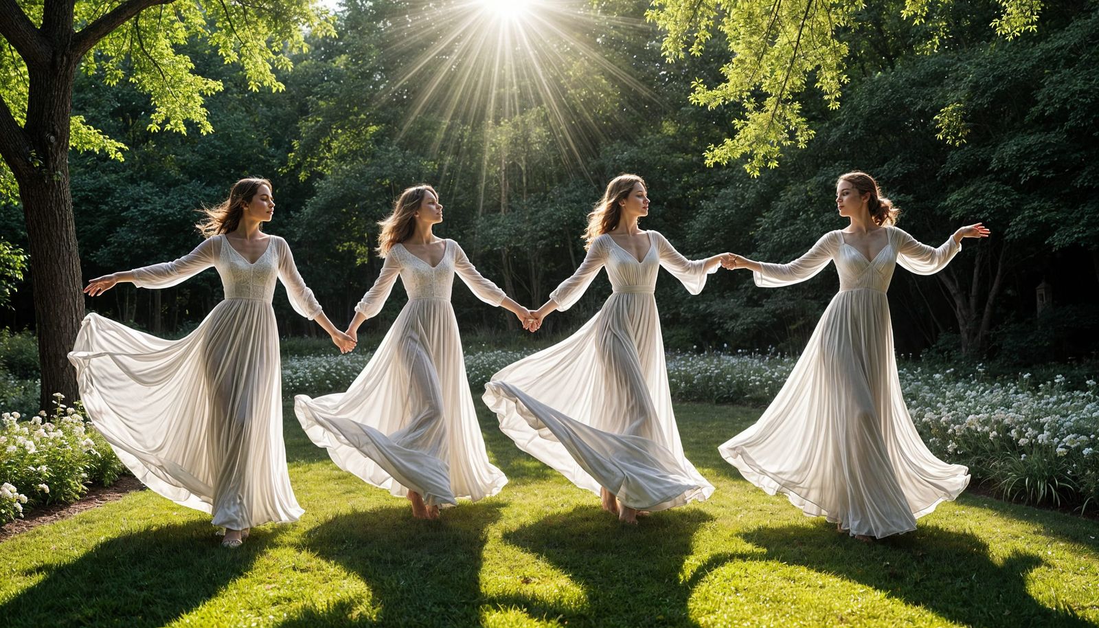 Ethereal Dancers in Sunlit Garden
