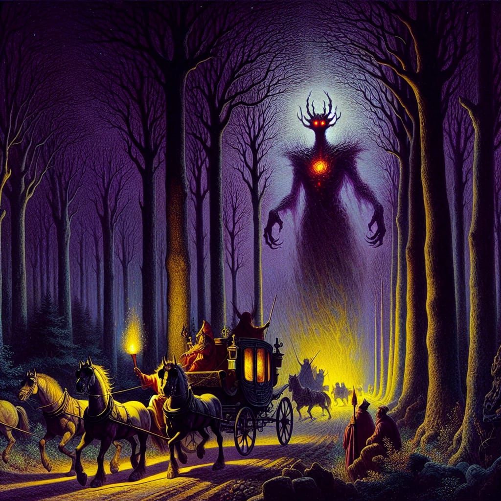 Wendigo Appears in Nocturnal Forest, Romantic Art
