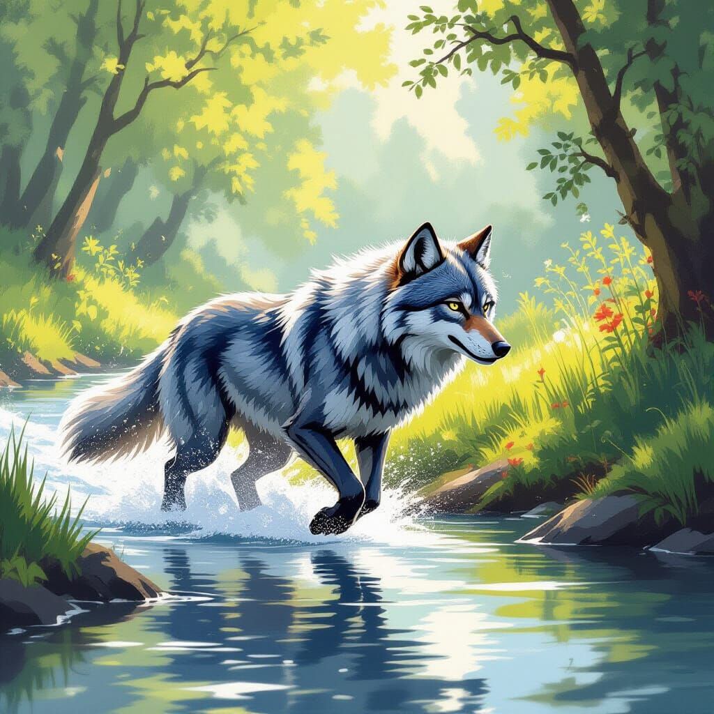 Majestic Water Wolf Running on Riverbank in Whimsical Style